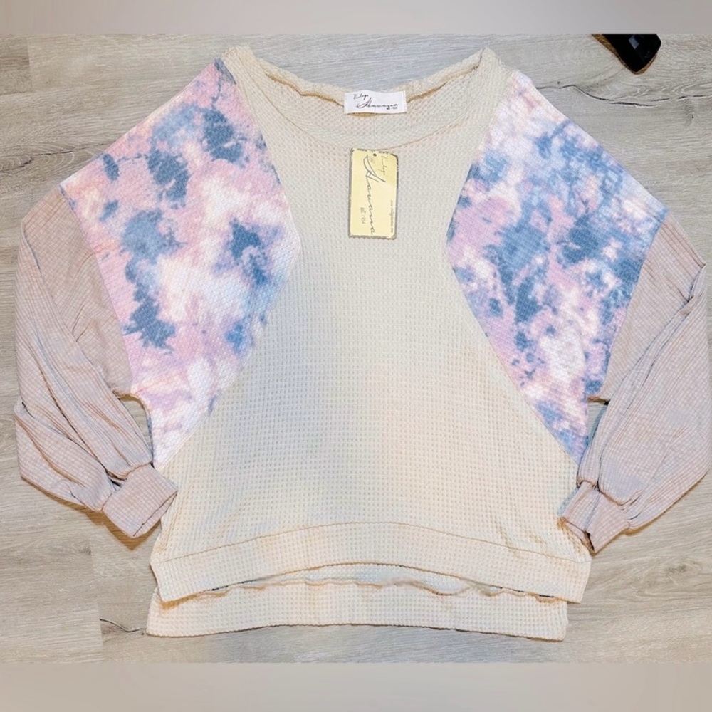 Vintage Havana Waffle Knit Tie Dye Balloon Sleeve Blouse